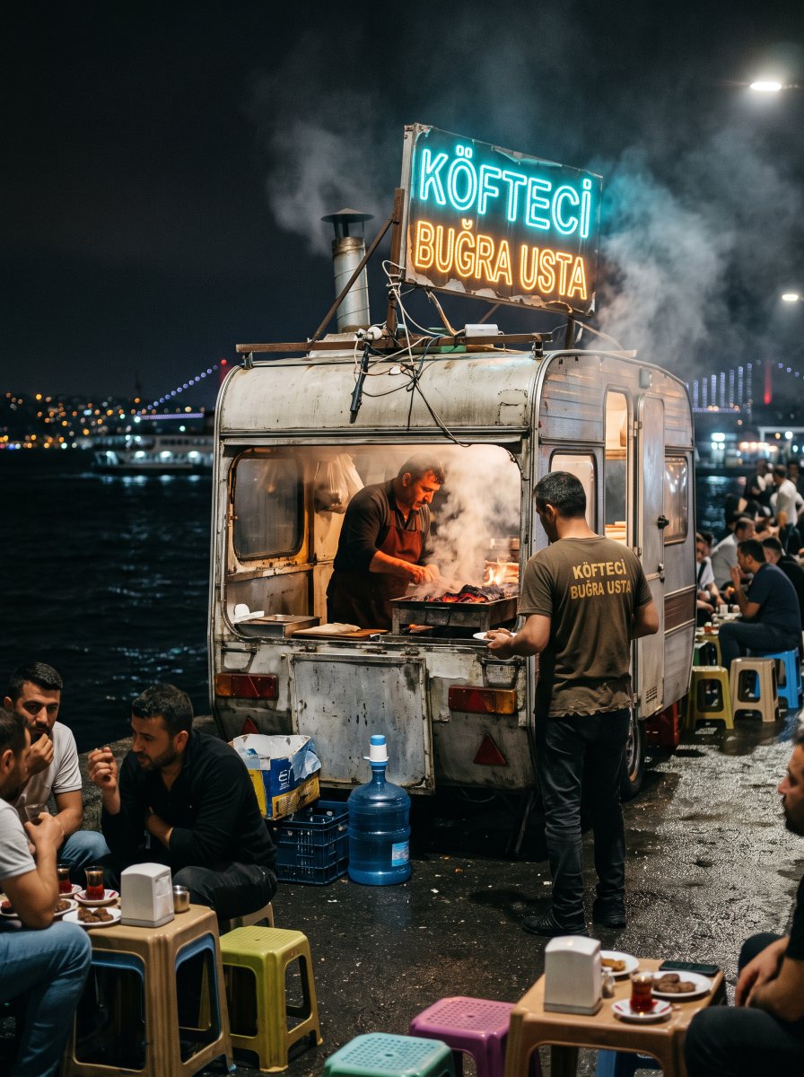 Ultra-realistic night street photograph on the Istanbul Bosphorus waterfront. A…
