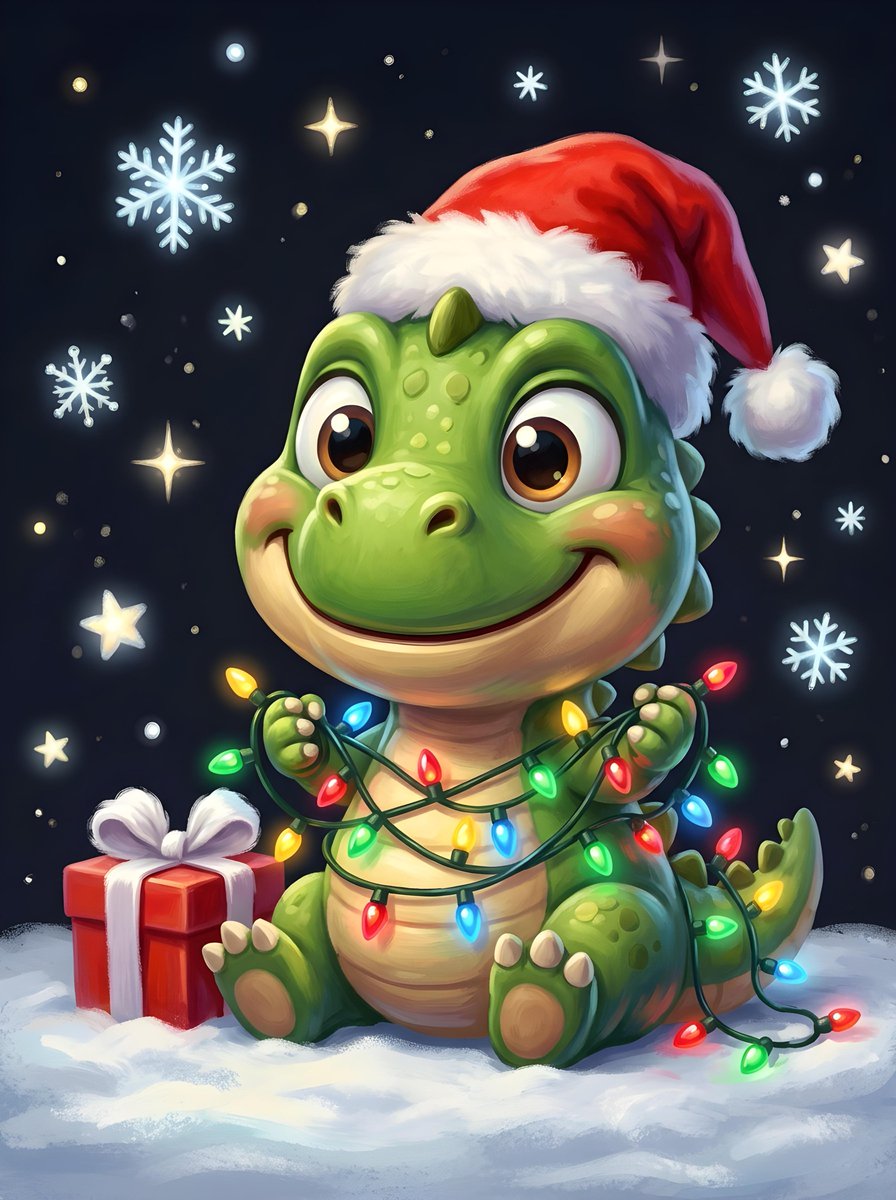 A cute green dinosaur wearing a Santa hat is sitting and tangled in colorful Ch…