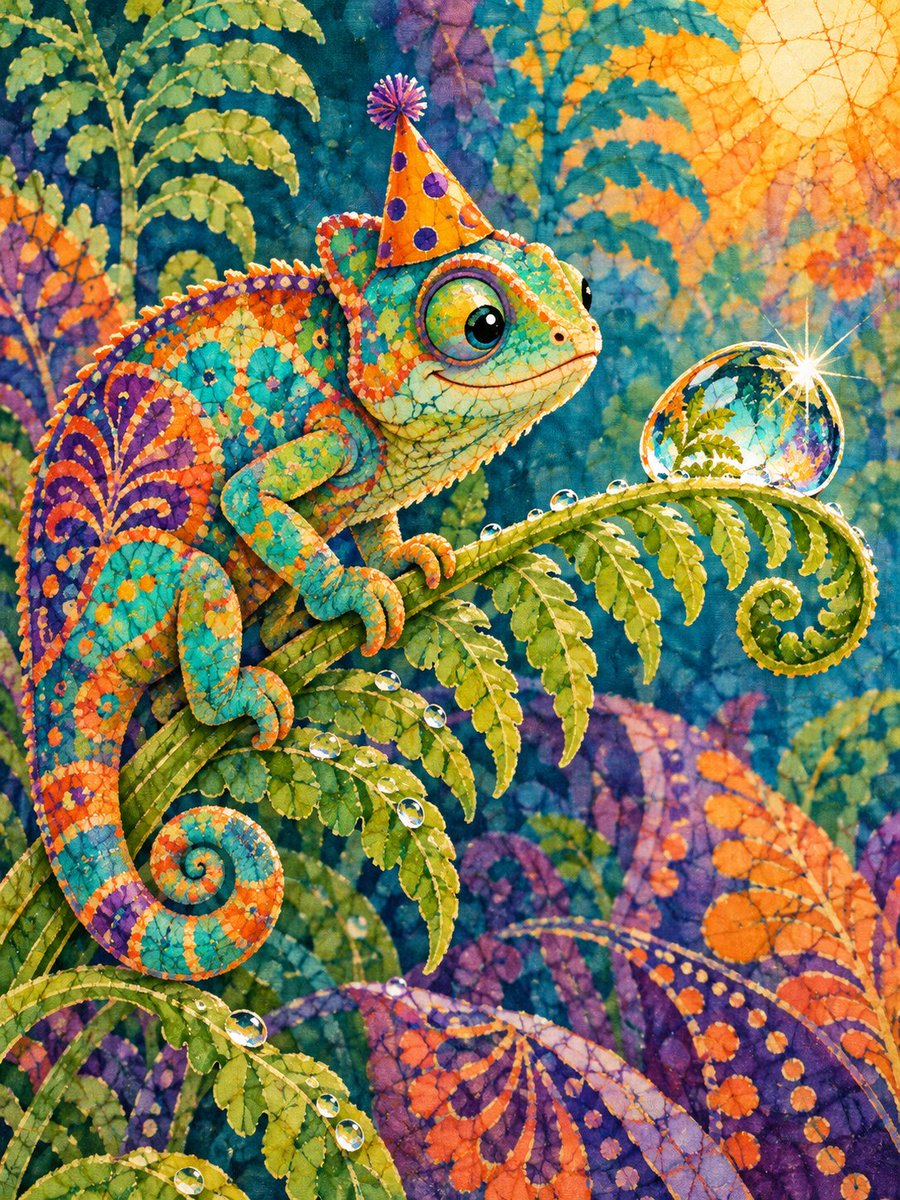 A cheerful chameleon curls its single tail around a fern stem and studies an en…