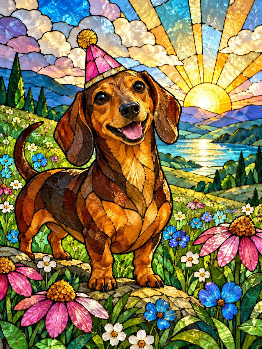 A cheerful dachshund stands among jewel-like meadow flowers as cloudy skies ope…