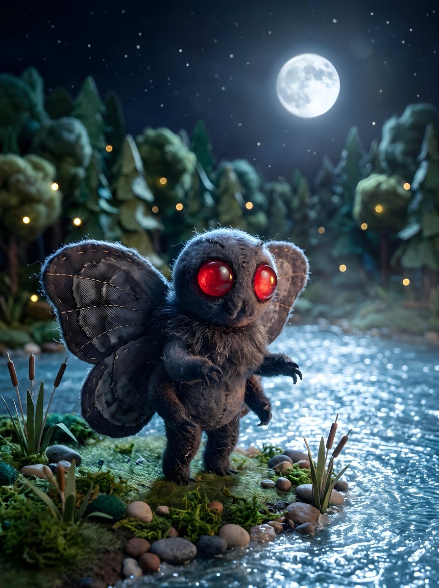 An adorably cute Mothman cryptid creature with soft, fluffy details and oversiz…