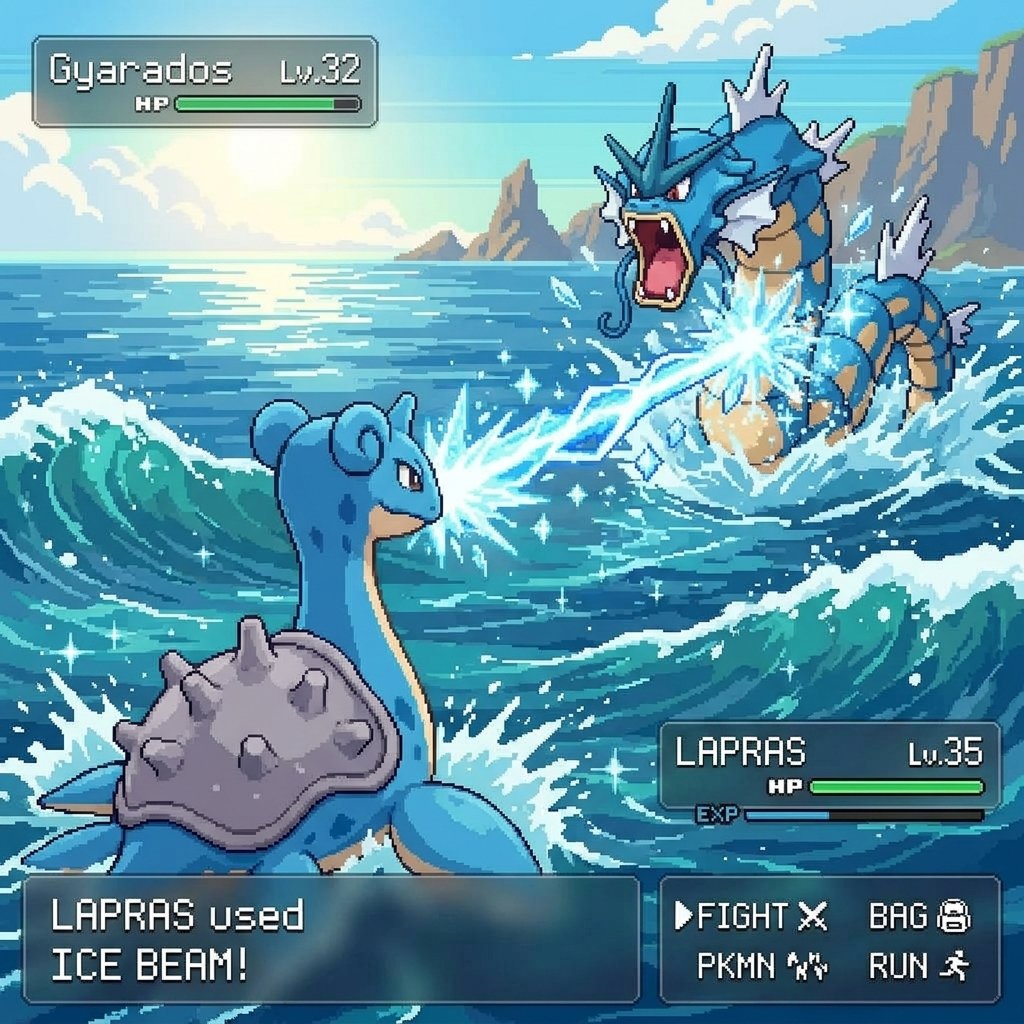 灵感来自经典宝可梦GameBoy游戏画面截图，但呈现为精美的像素艺术风格，加入使用招式时的酷炫特效，现代极简UI，两只可爱的关都宝可梦，正午时分, 图片 2