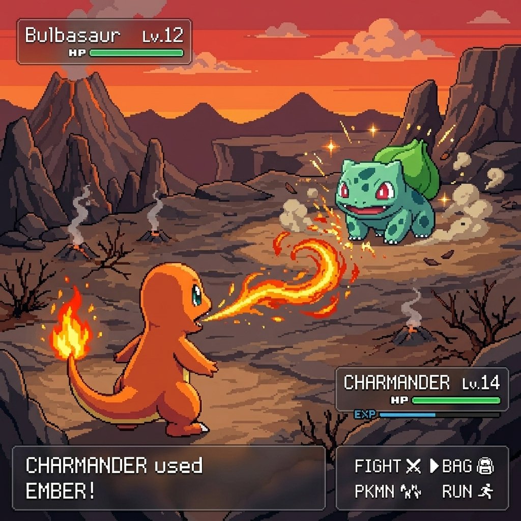 灵感来自经典宝可梦GameBoy游戏画面截图，但呈现为精美的像素艺术风格，加入使用招式时的酷炫特效，现代极简UI，两只可爱的关都宝可梦，正午时分, 图片 3