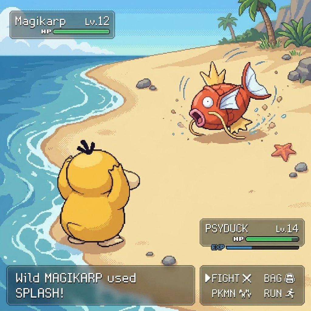 灵感来自经典宝可梦GameBoy游戏画面截图，但呈现为精美的像素艺术风格，加入使用招式时的酷炫特效，现代极简UI，两只可爱的关都宝可梦，正午时分, 图片 4