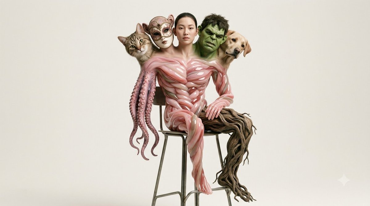 A surreal doll with 5 heads, 10 ears, 2 arms and 2 legs seated on a fashionable…