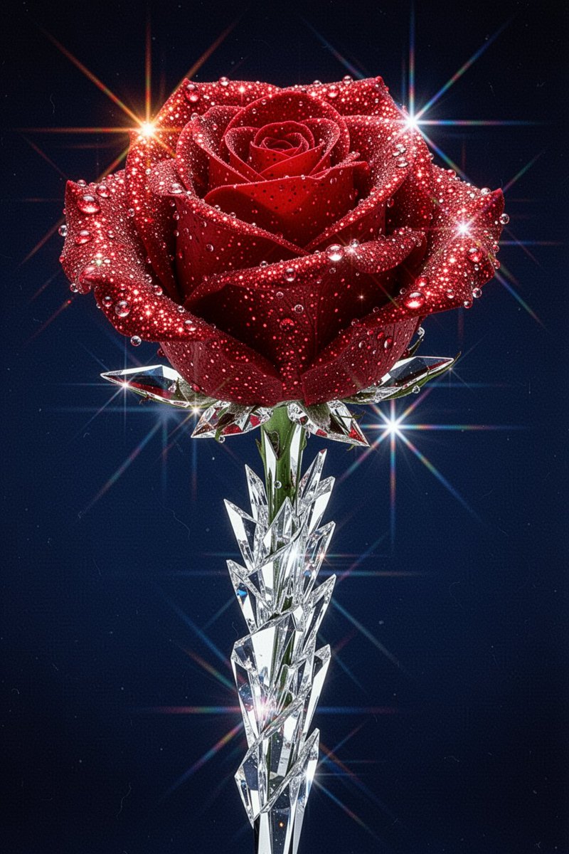 A single crystal rose, deep red petals dusted with fine glitter and clinging wa…