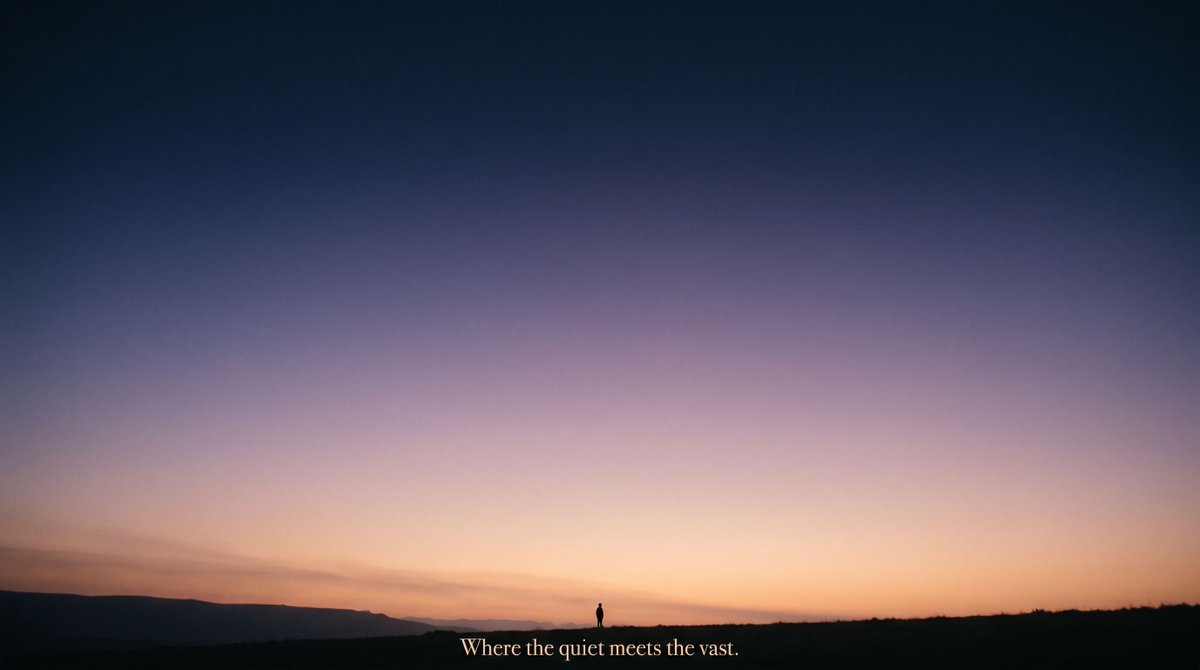 A vast gradient sky from deep indigo to soft apricot at dusk, a tiny lone figur…