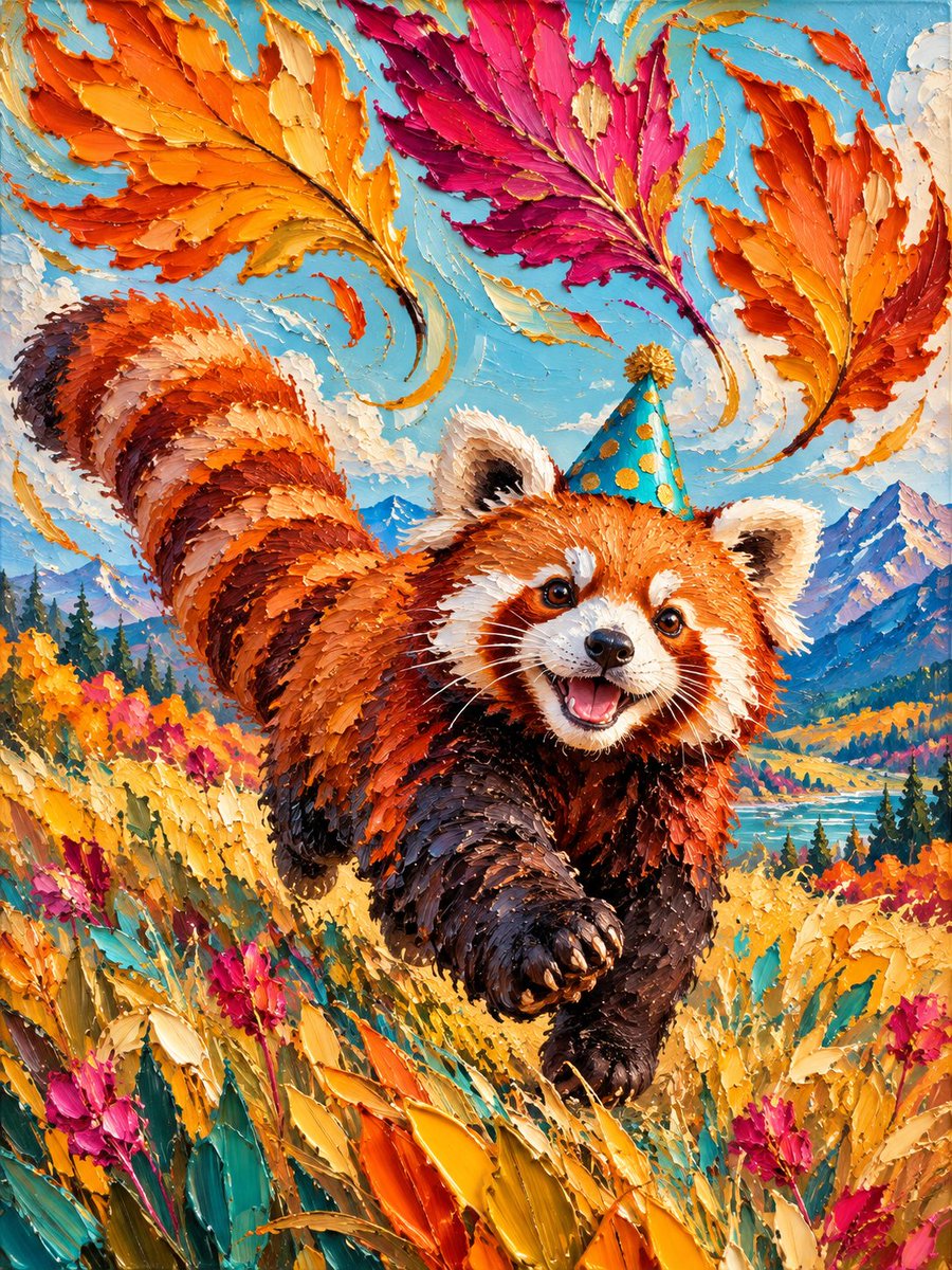 A joyful red panda bounds through an open meadow beneath three enormous swirlin…