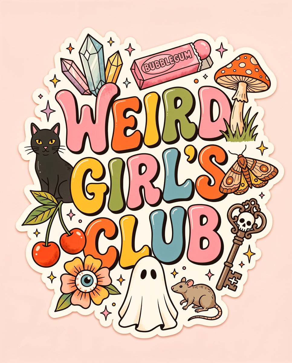 A charming retro-style sticker illustration centered around the words "WEIRD GI…