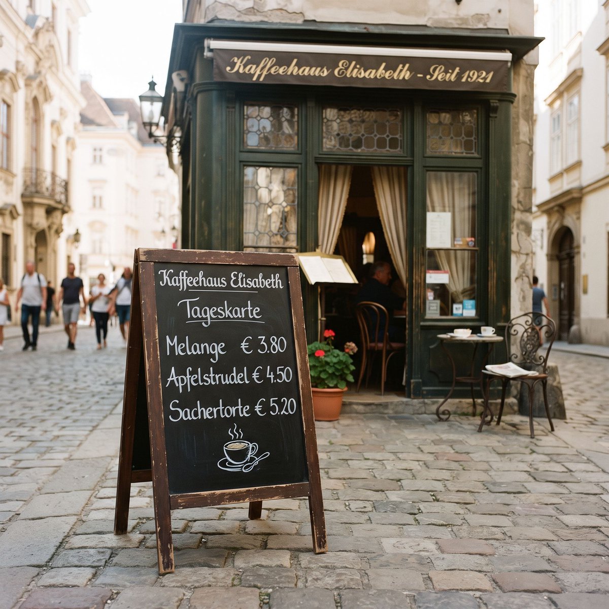 A chalkboard menu outside a tiny Viennese café, handwritten in chalk: "Melange …