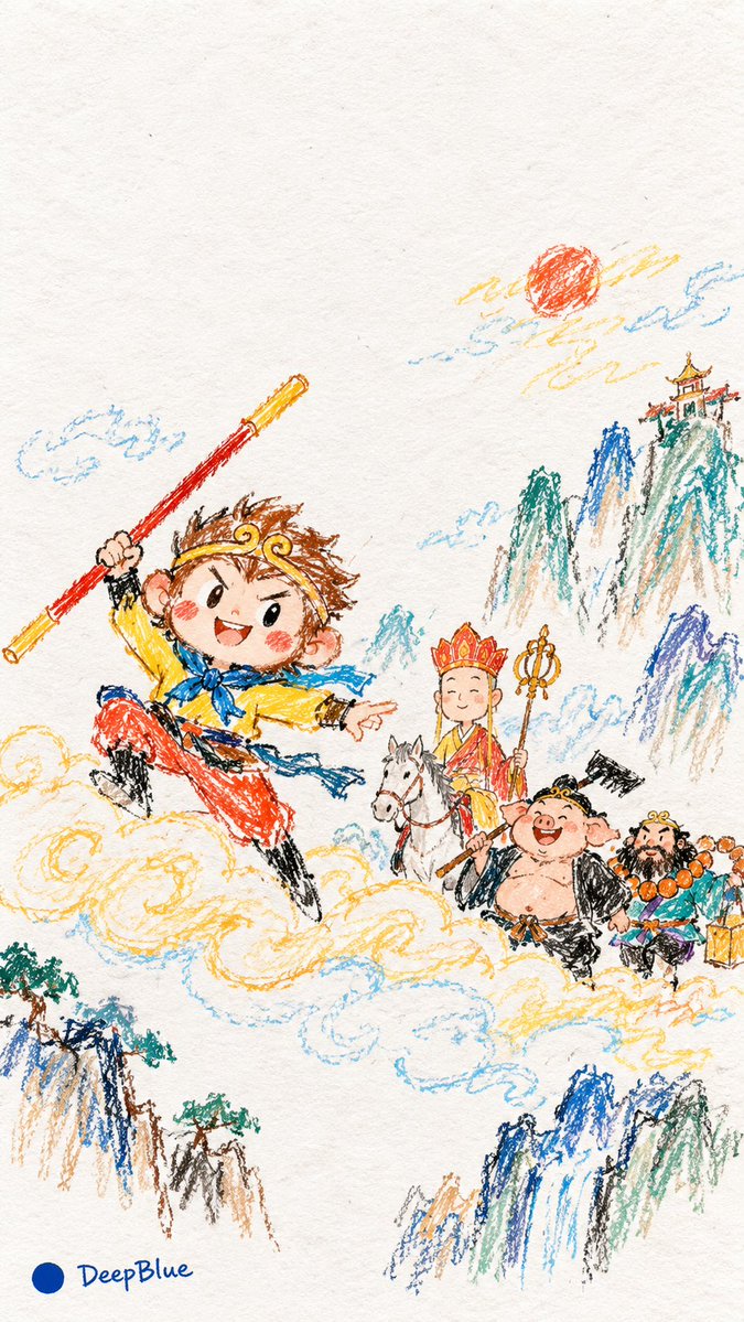 【主体】 × 稚拙手绘蜡笔画 × 儿童式自由想象 × 纸张纹理 × 大面积留白 https://t.co/6JYjQURSZf, 图片 2