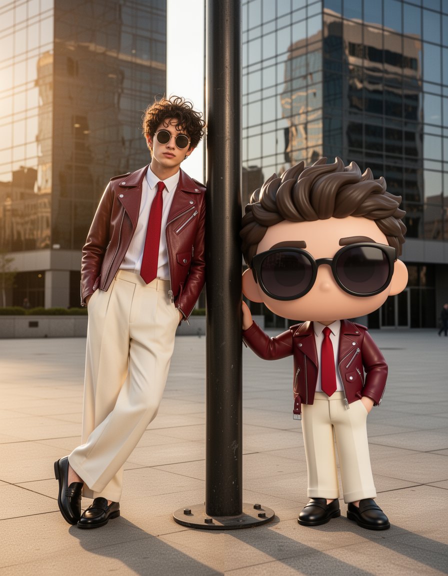 A stylish young man with tousled dark curly hair and round sunglasses, wearing …