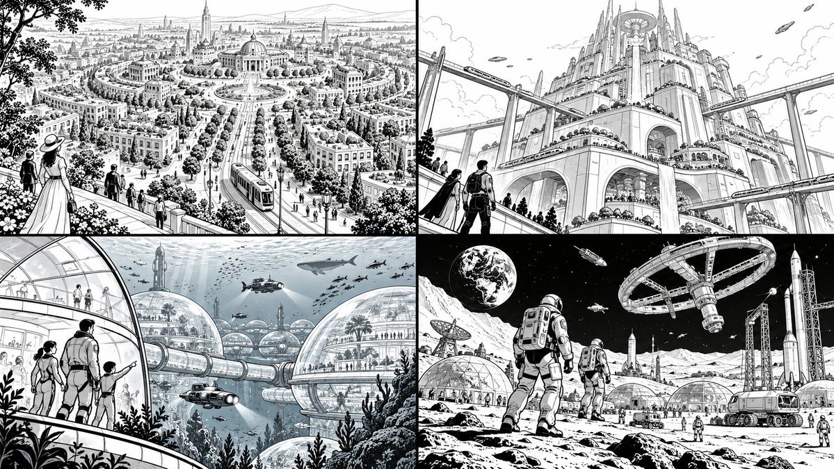 16:9, do this for 4 past plans for future of humanity: <prompt style: <epic_lin…