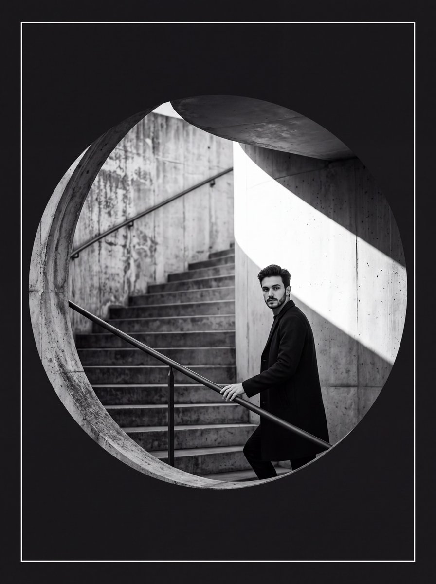 Black and white fine-art architectural portrait photography, vertical 4:5 portr…