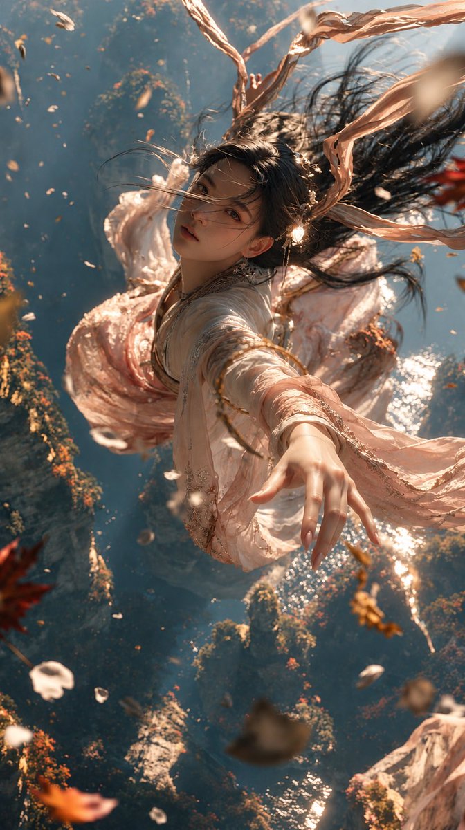 生成图片: A breathtaking young East Asian woman in flowing pale-pink Hanfu, falling…