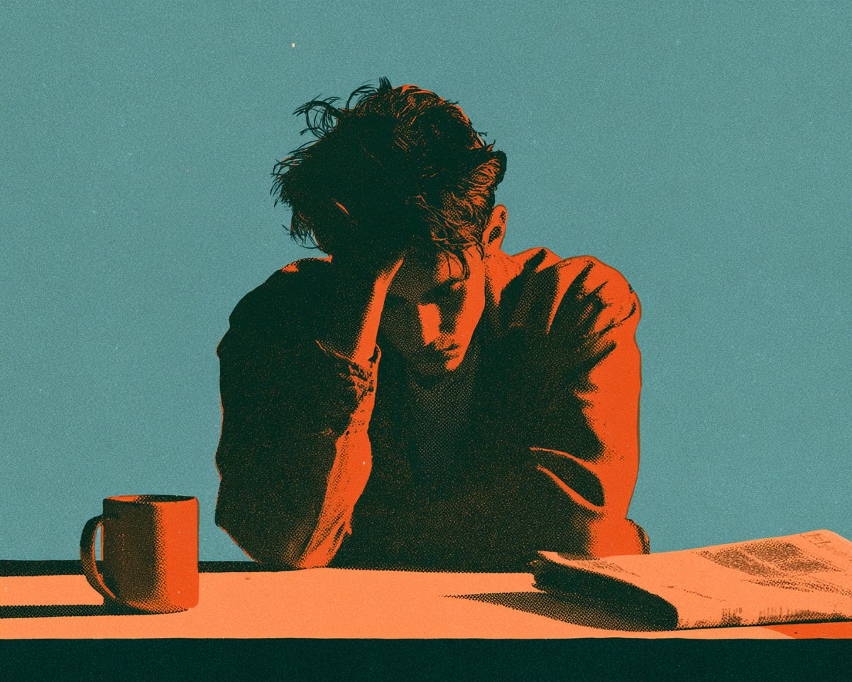 Risograph-print style illustration-photograph hybrid of a young adult man sitti…