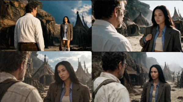 still from a hollywood scifi movie. over the shoulder of the man in image 1. he…