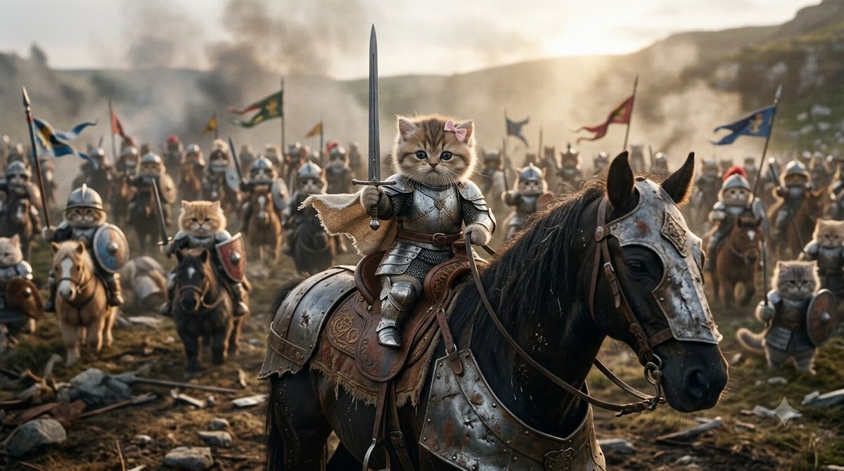 Create a medieval battlefield with a kitten as the knight commander. The level …