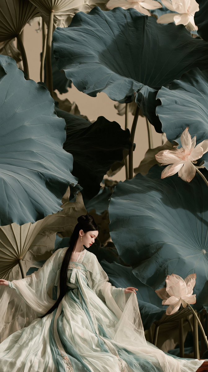 A breathtaking young East Asian woman in elegant ancient Chinese Hanfu, standin…