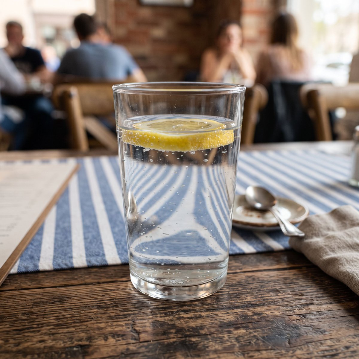 A photorealistic photo of a glass of water on a café table, the striped tablecl…