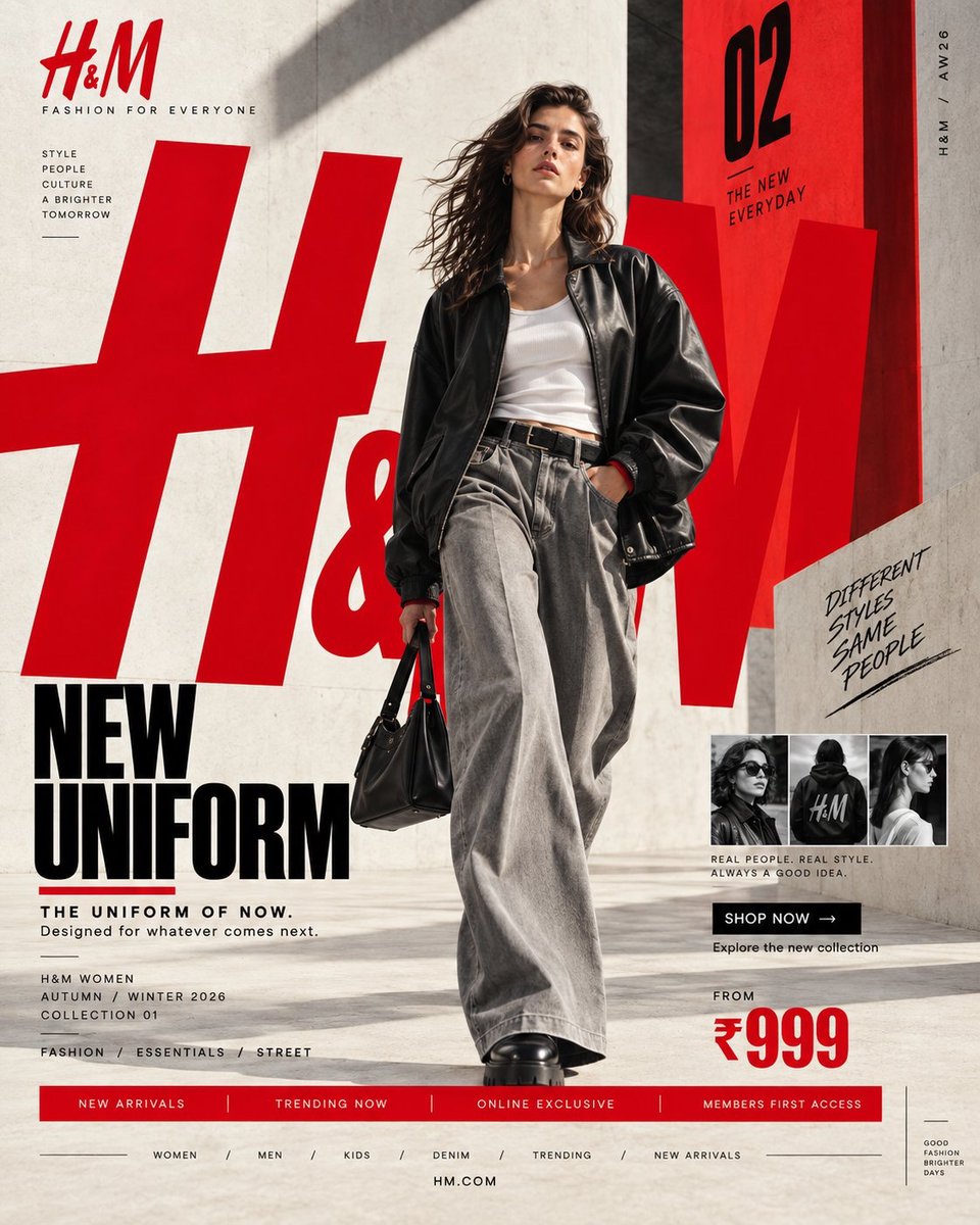 H&M — “NEW UNIFORM” 我首先研究了 H&M 现有的品牌/视觉系统。最具辨识度的元素是:H&M 红 + 黑/白、强风格主导的字…, 图片 2