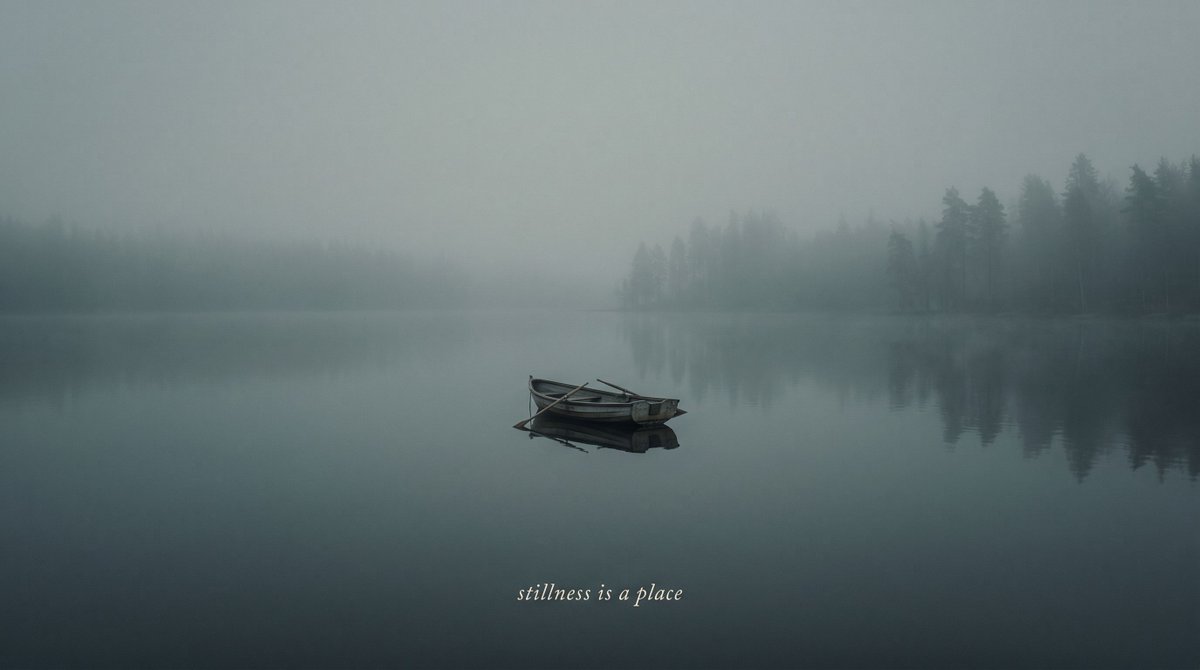 A tiny wooden rowing boat on a perfectly still misty lake at blue hour, muted g…