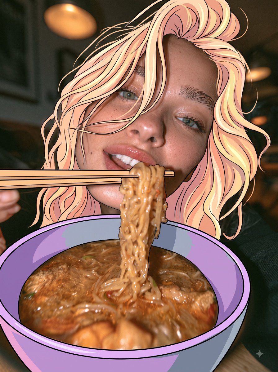 Convert only her hair, the bowl, and the chopsticks into a 2D hand-drawn anime …