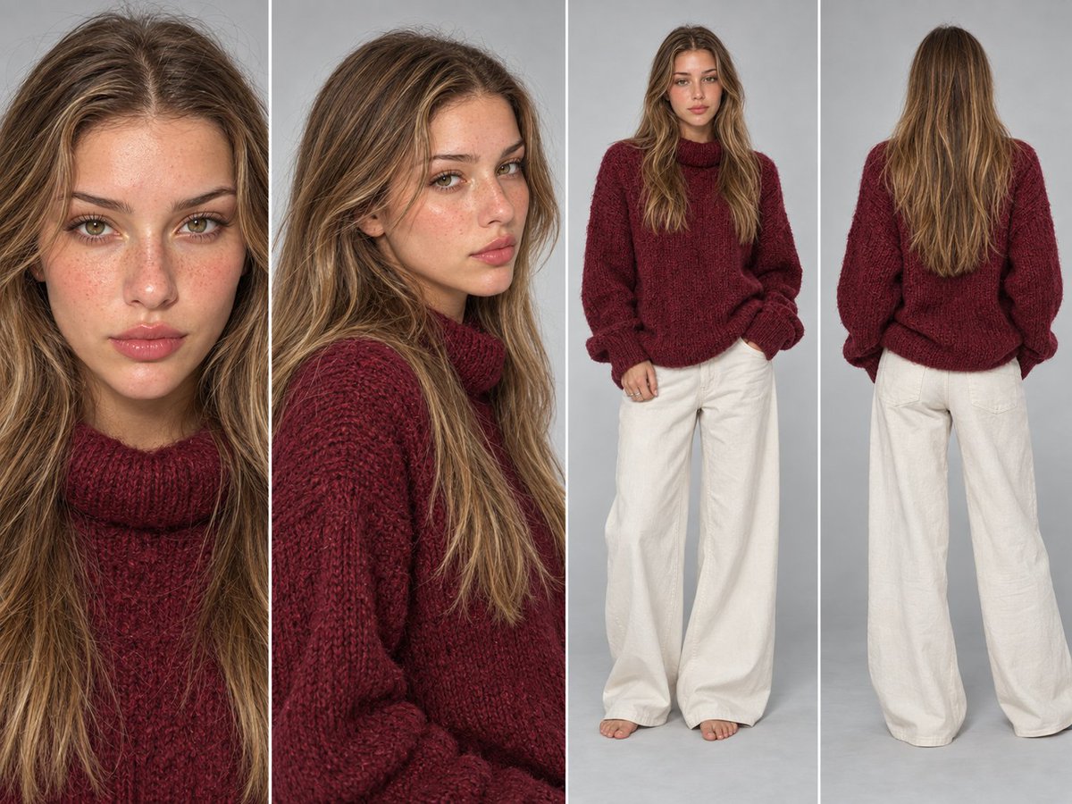 SCENE CONTEXT A photoreal character reference sheet of one young woman, built f…