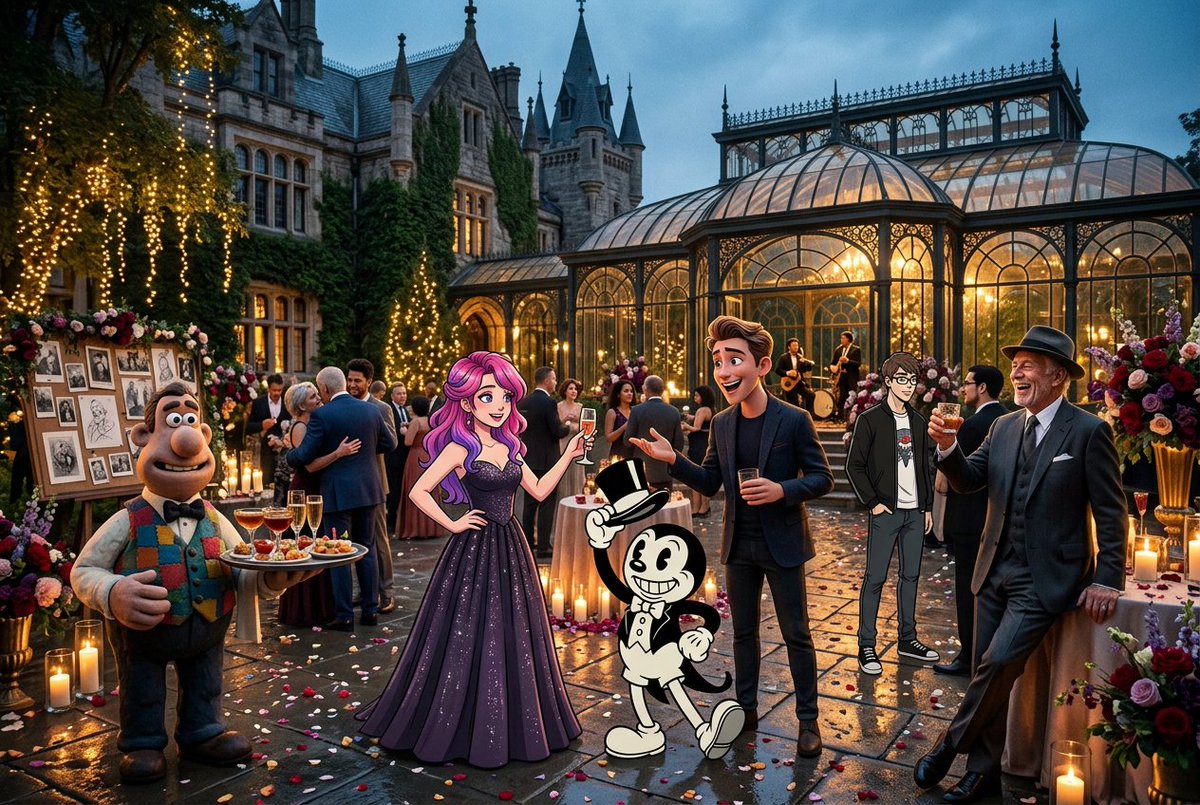 A visual, cinematic "Celebration of Life" wake and party in a grand, twilight-l…
