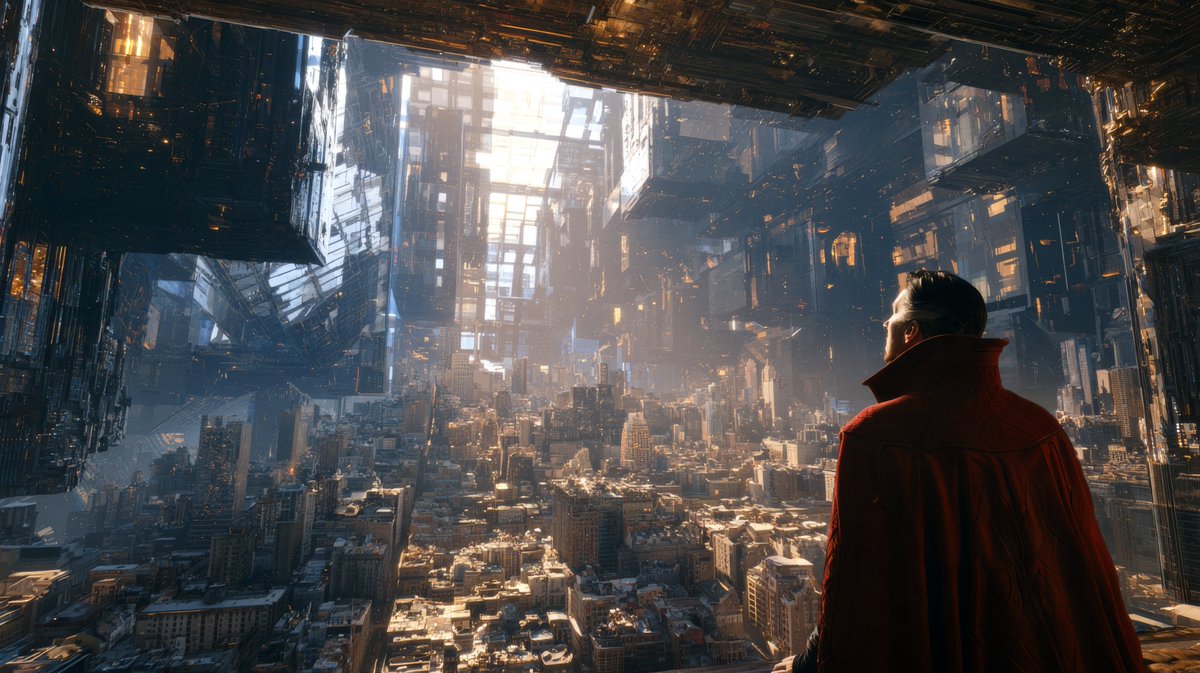 Dr Strange exploring a Quantum Kaleidoscope City, where buildings shift and mor…