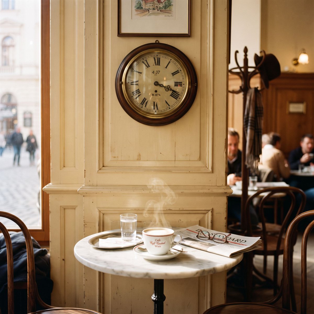 A sunlit Viennese café wall with a brass station clock reading exactly 4:37, a …