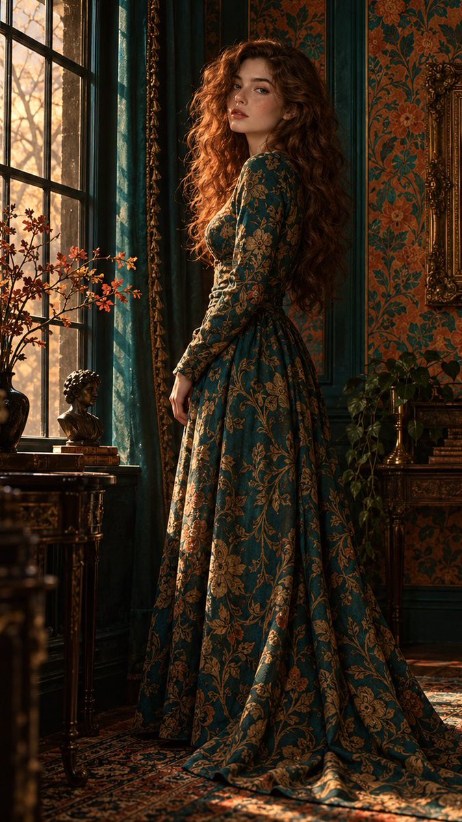 A moody fine-art interior portrait of a young woman with long auburn curls stan…