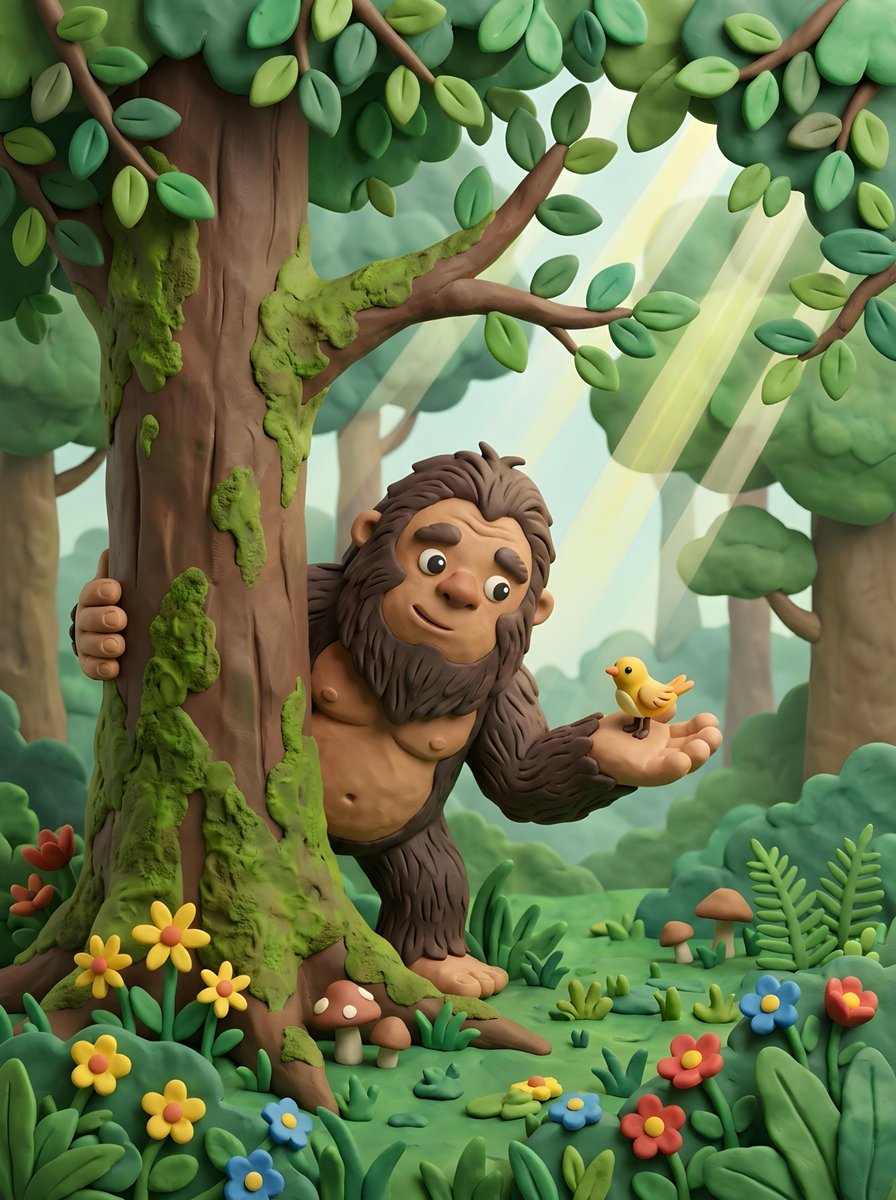 An adorably cute, gentle Bigfoot peeks playfully from behind a moss-covered tre…
