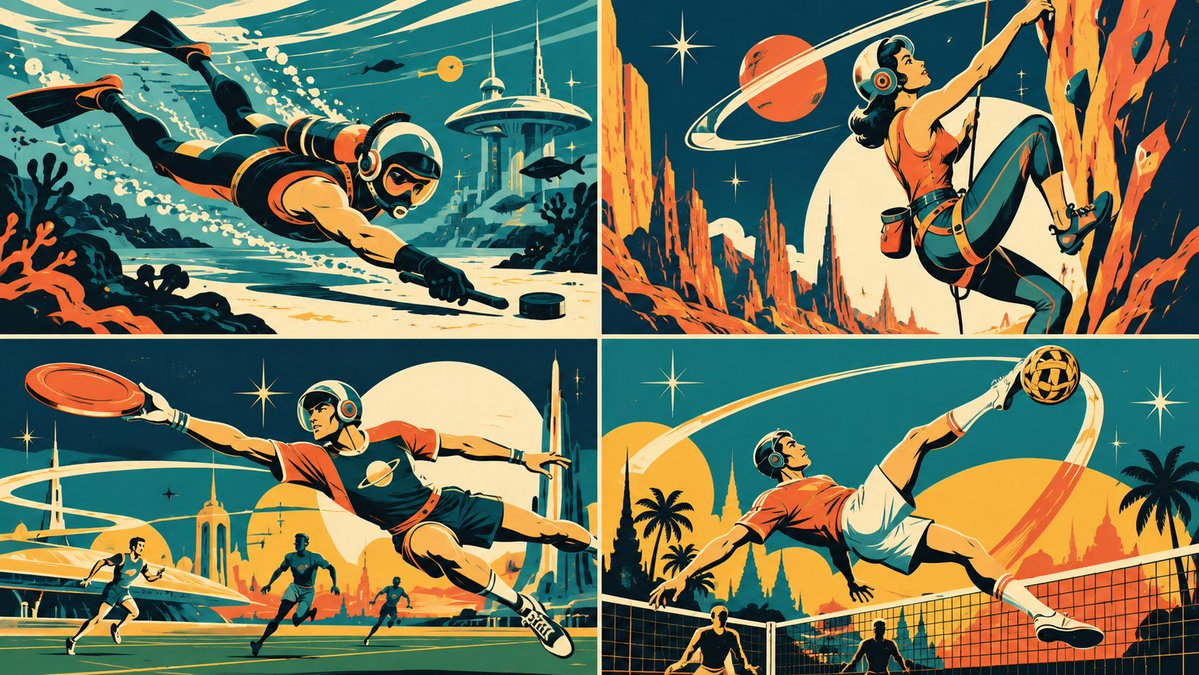 2x2 grid, 16:9, do this for 4 underrated sports: A₁ MID‑CENTURY FLAT VECTOR STY…