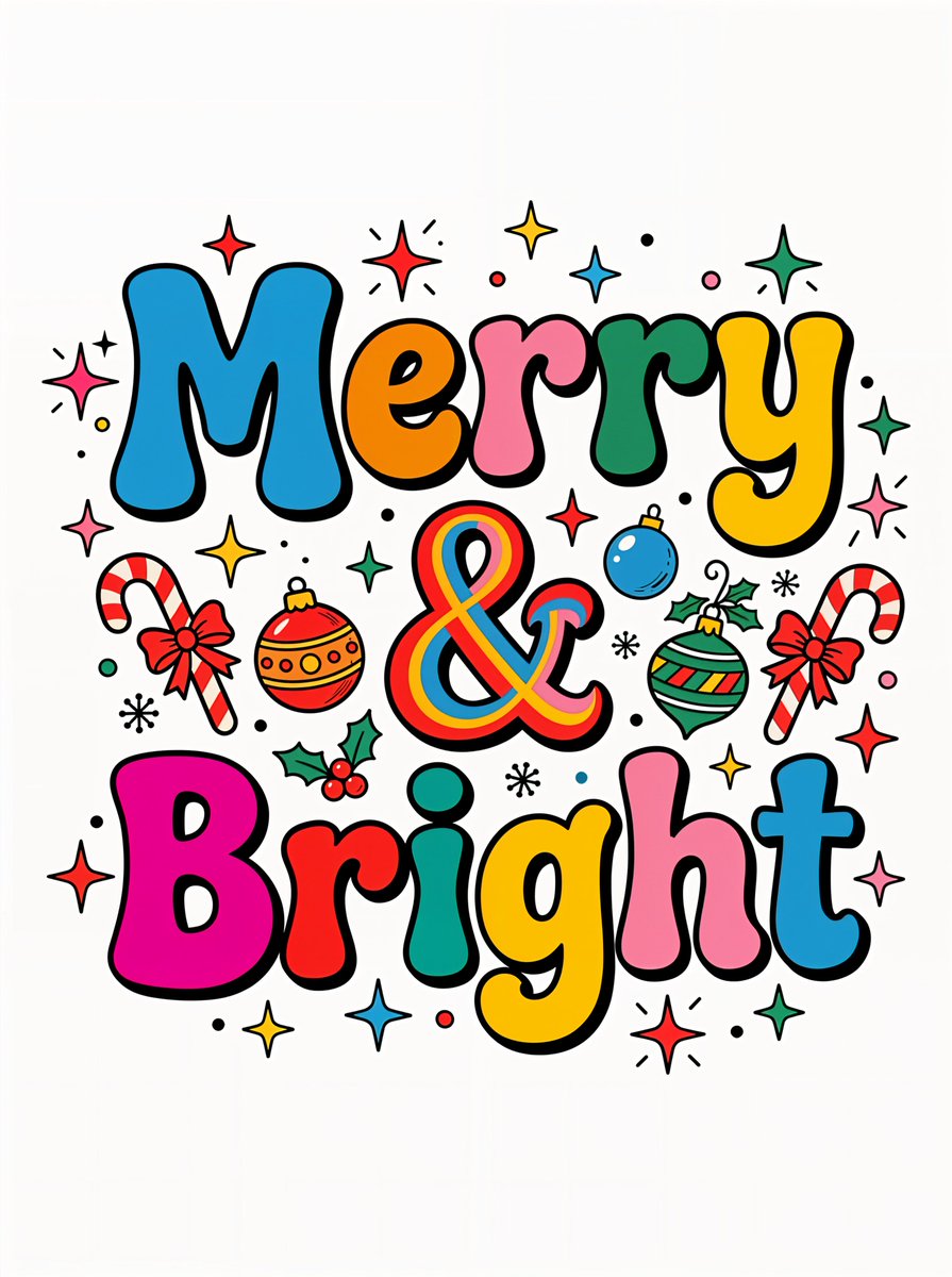 A vibrant, retro-style graphic features the words "Merry & Bright" in a playful…