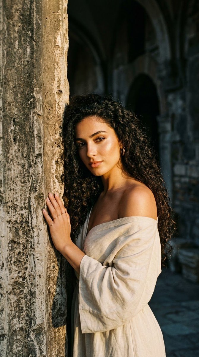 A close-up vertical portrait captures a stunning young woman with long, volumin…