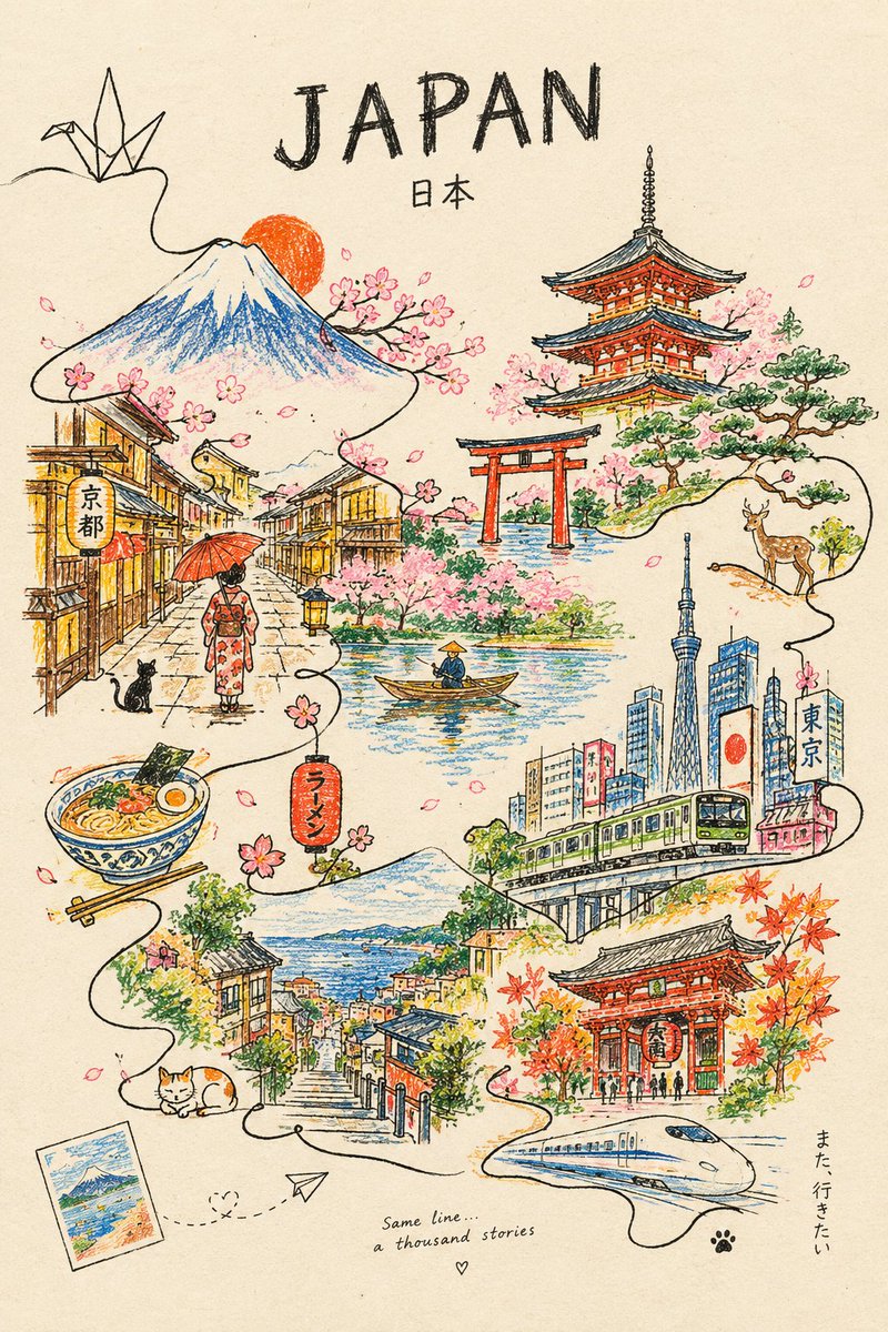 创作一幅极简主义的彩色铅笔与蜡笔艺术作品,主题为[CITY],整座城市由一条单一连续的手绘线条构成。线条从一个微小的文化符号起笔,穿过著名建筑…, 图片 2