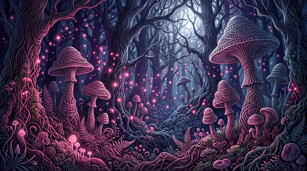 Mysterious mushroom-shaped creatures, glowing pink spores, a fantasy forest set…