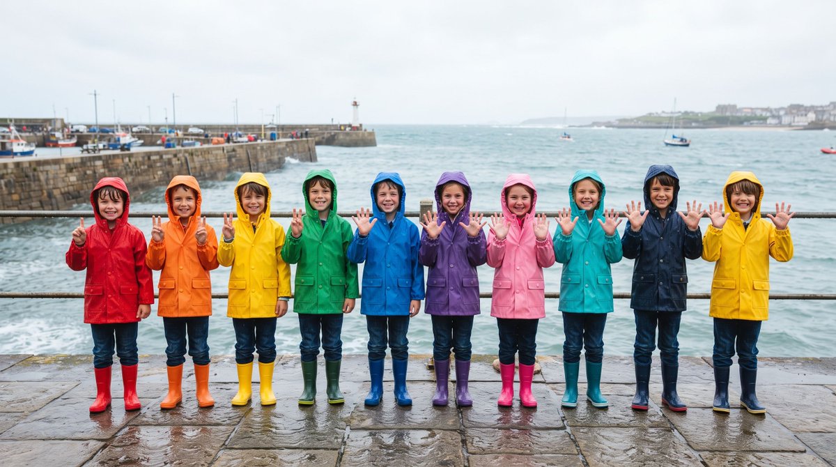 Ten children in bright raincoats lined up on a seaside promenade, each holding …