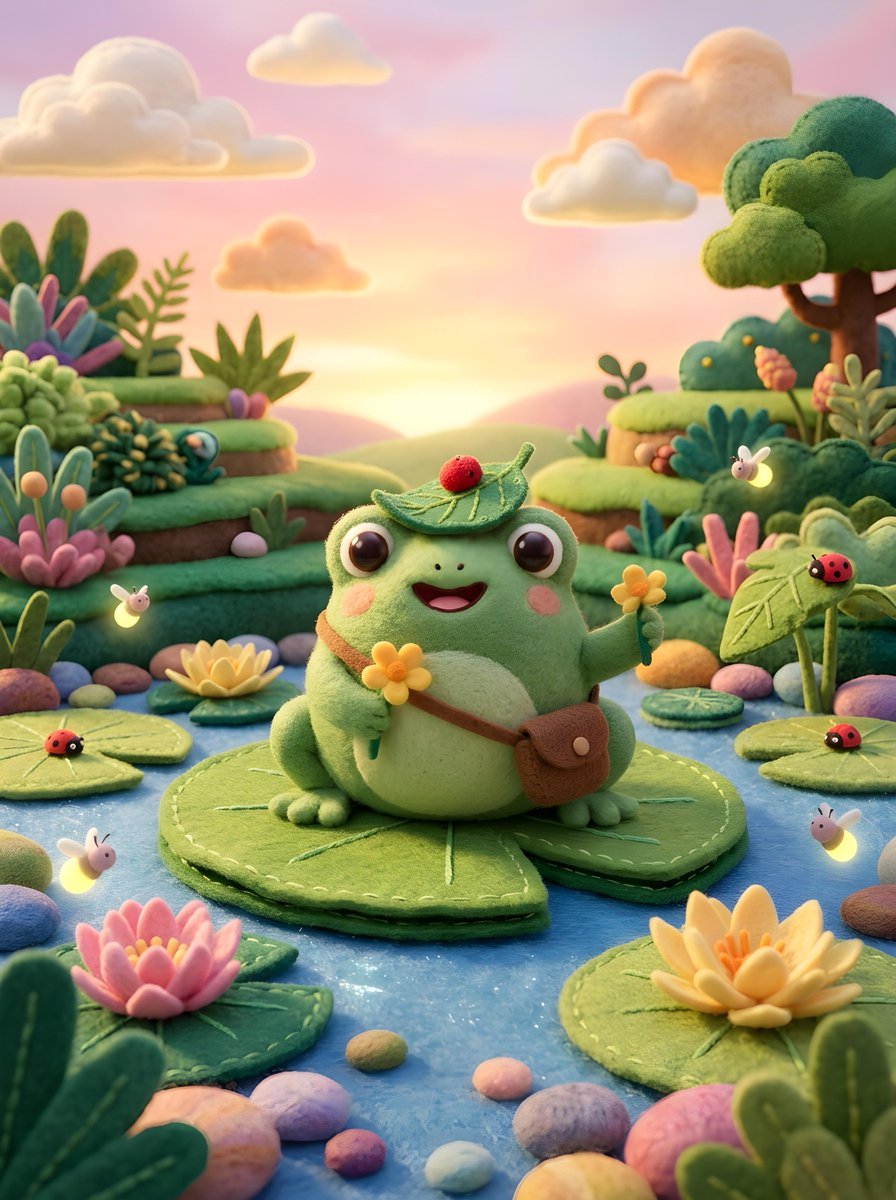 A cute, 3D and felt-like scene of a cartoon-style frog sitting on a large lily …