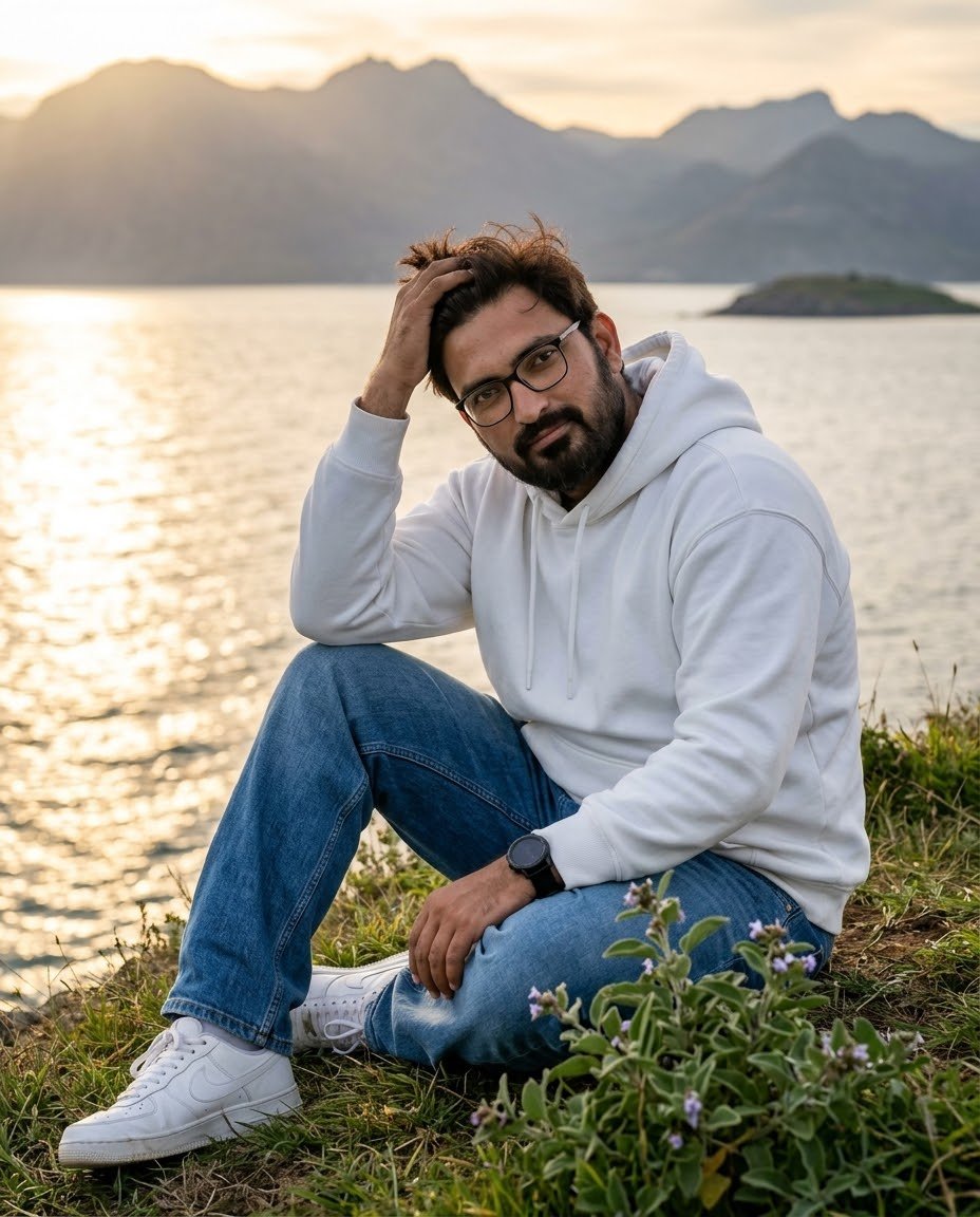 Photorealistic cinematic travel portrait of a handsome young Indian man sitting…