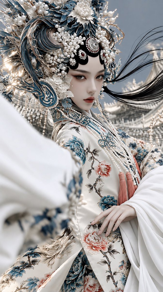 一位极其美丽的年轻东亚女性,空灵的中国宫廷戏曲女神,精致的瓷娃娃面孔,细腻的面部结构,忧郁的杏仁形眼睛,含蓄的烟熏眼线,柔和的玫瑰色哑光唇,冷…, 图片 1