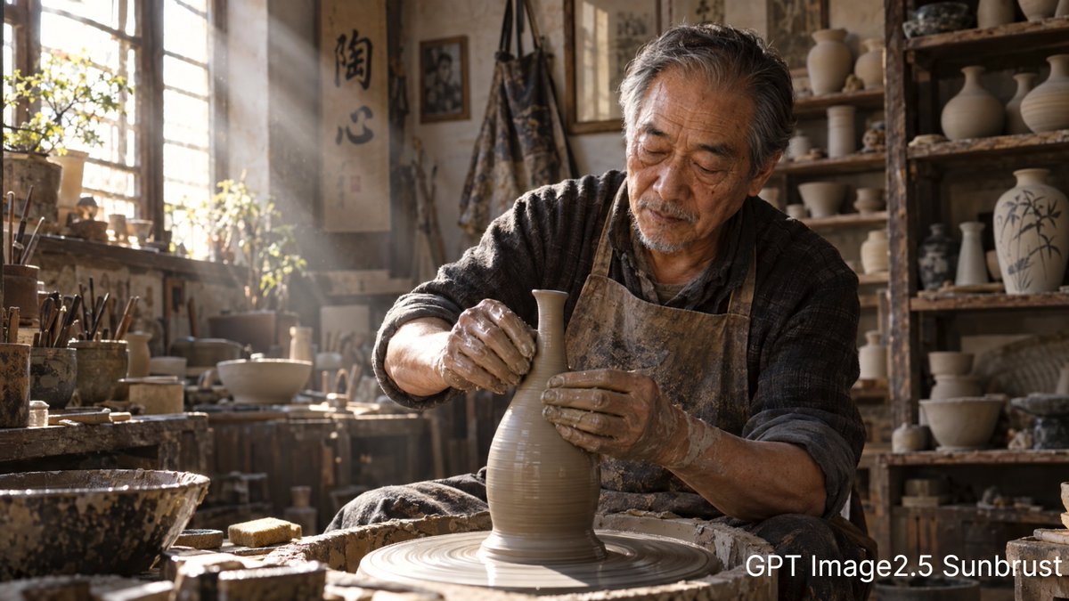 Ultra-realistic cinematic portrait: an elderly Asian ceramic artist sitting in …