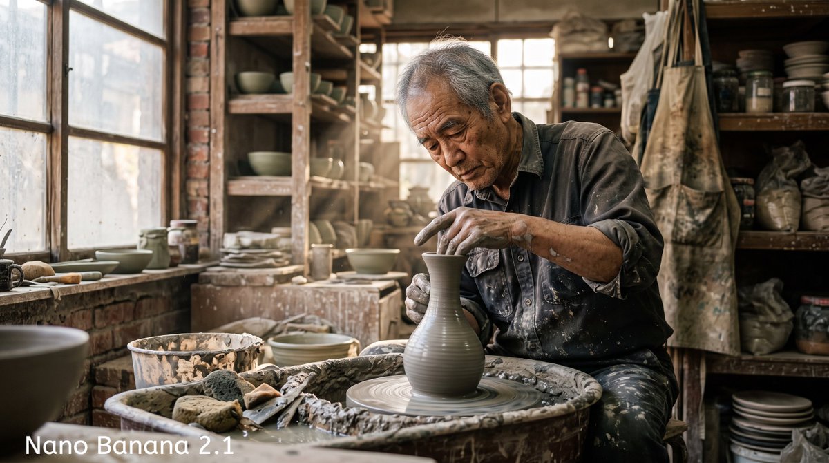 超写实电影感肖像:一位年长的亚洲陶瓷艺术家坐在堆满杂物的工坊里,双手沾满湿润的粘土,正在陶轮上塑形一只细颈花瓶;午后的阳光透过布满灰尘的窗户洒…, 图片 2