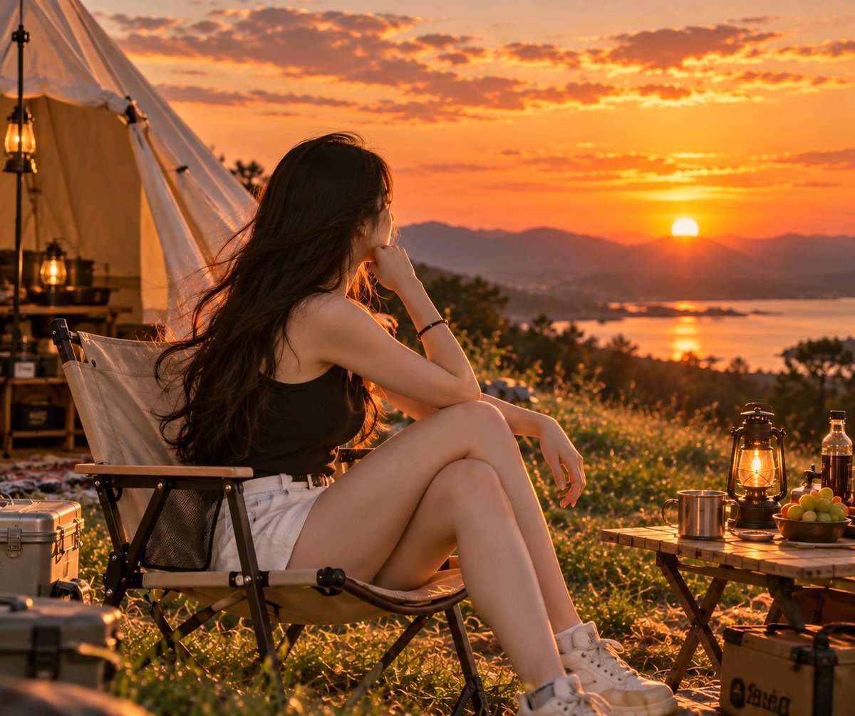 超写实露营地日落画面,年轻女子坐在折叠露营椅上侧身凝视夕阳,黑色长波浪发被微风轻轻吹动,黑色无袖上衣简洁休闲,白色短裤,神态安静放松,中景视角,背景是白色帐篷…