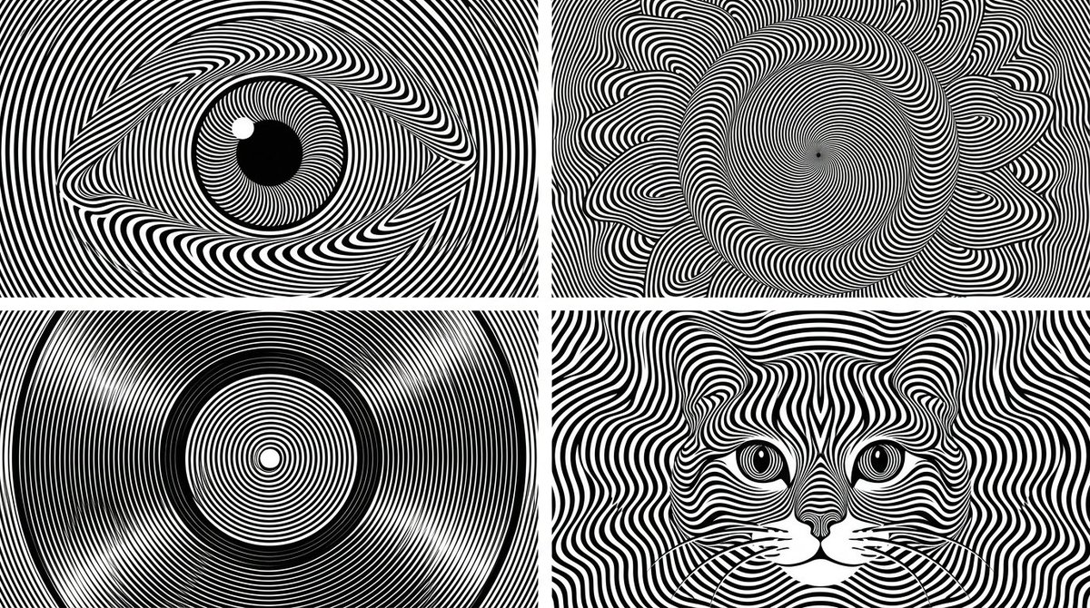 2x2 grid, 16:9 Anchor: AI picks topics (e.g., human eye / sunflower / vinyl rec…