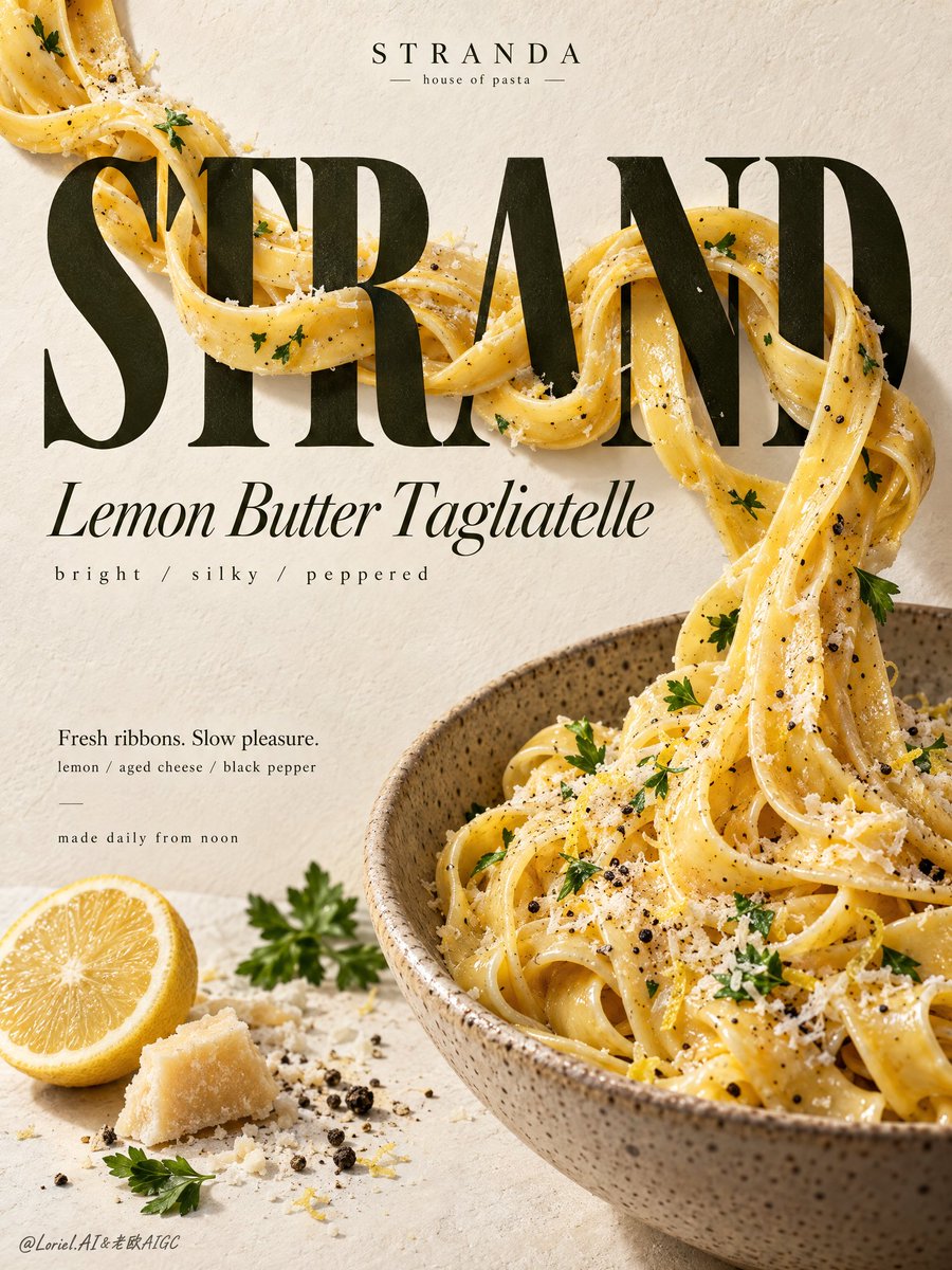 Don’t let food sit on top of type. Make it interrupt the type. 🧈 tagliatelle t…