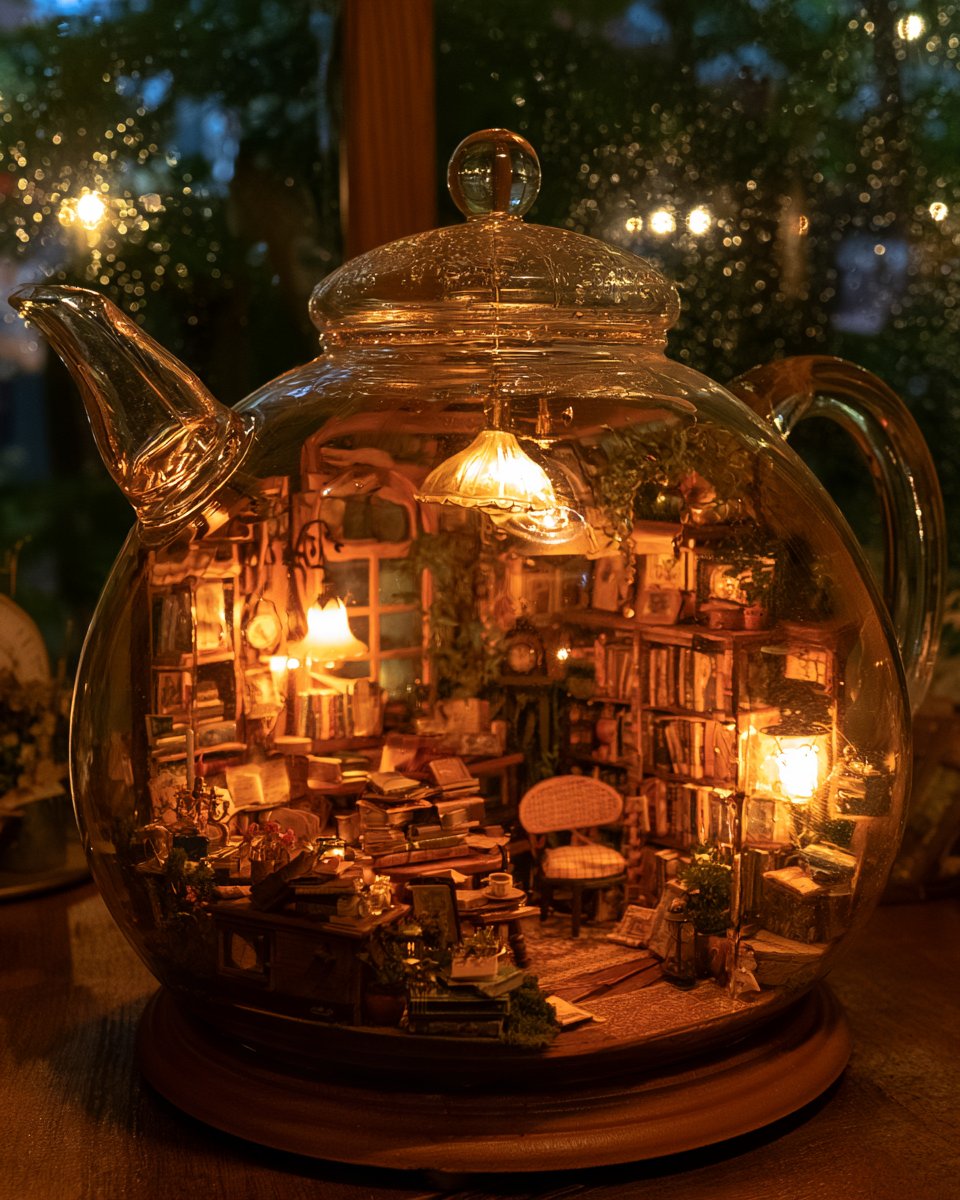 a tiny bookshop inside a glass teapot, warm lamplight, rain outside, cozy minia…