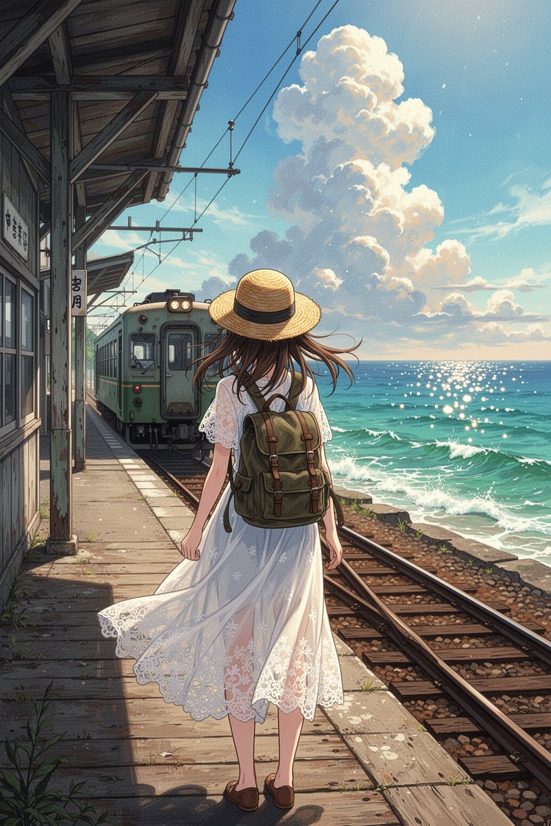 A nostalgic Japanese summer anime illustration: a quiet old seaside railway sta…