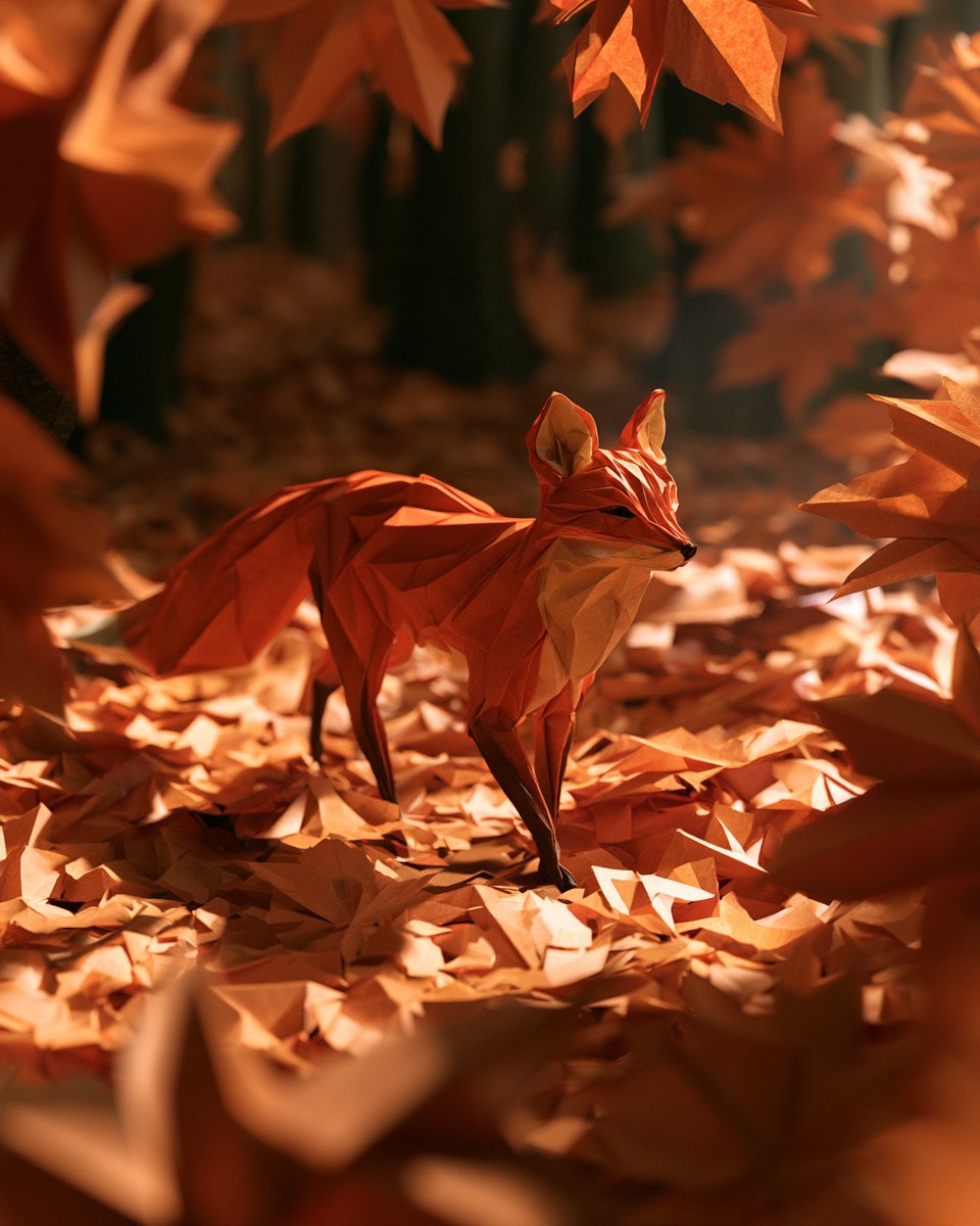 a paper-craft fox walking through a forest of folded maple leaves, soft morning…